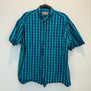 Duluth Trading Co Blue Teal Check Plaid Short Sleeve Button Down Mens Shirt, L